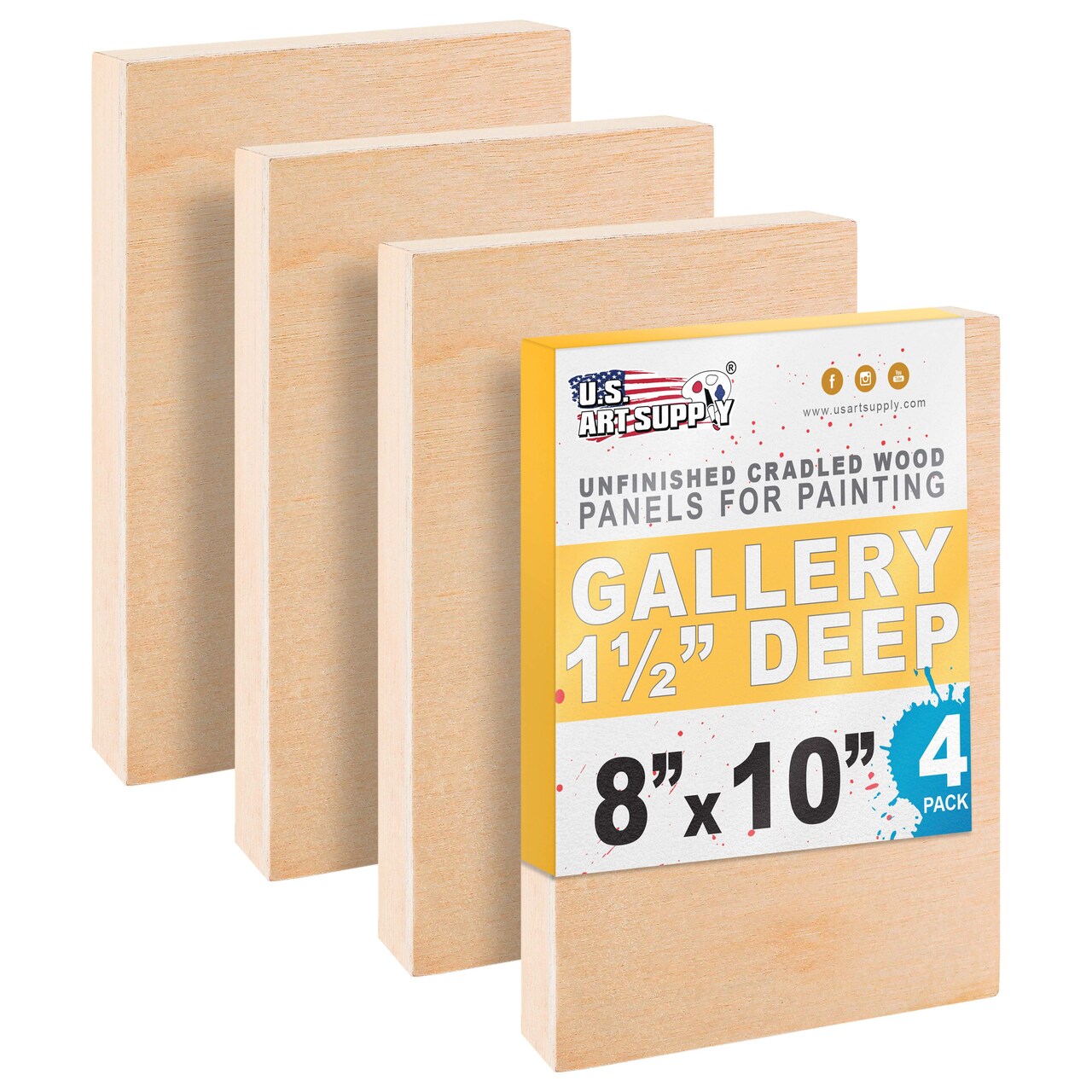 Unfinished Birch Wood Canvas Panels for Painting, 4 Pack of 8x10 inch - Artist Gallery 1-1/2" Deep, Wooden Wall - Mixed-Media Craft, Acrylic, Oil, Encaustic, Paint Pouring